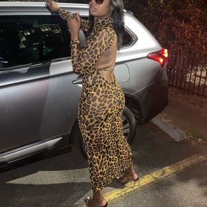 Backless sheer cheetah print maxi dress , perfect for a night out!